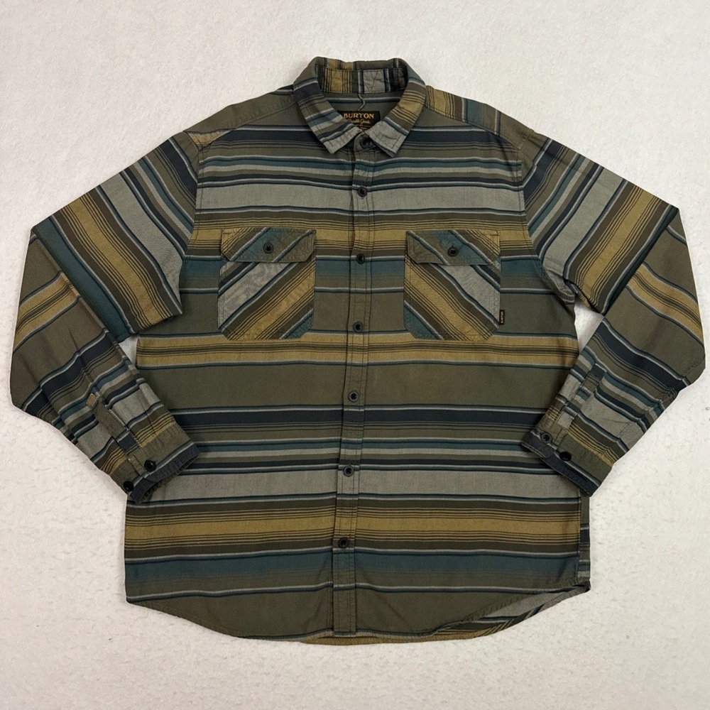 Burton Durable Goods Mens XL Striped Button Up Shirt Long Sleeve Olive Tan Blue